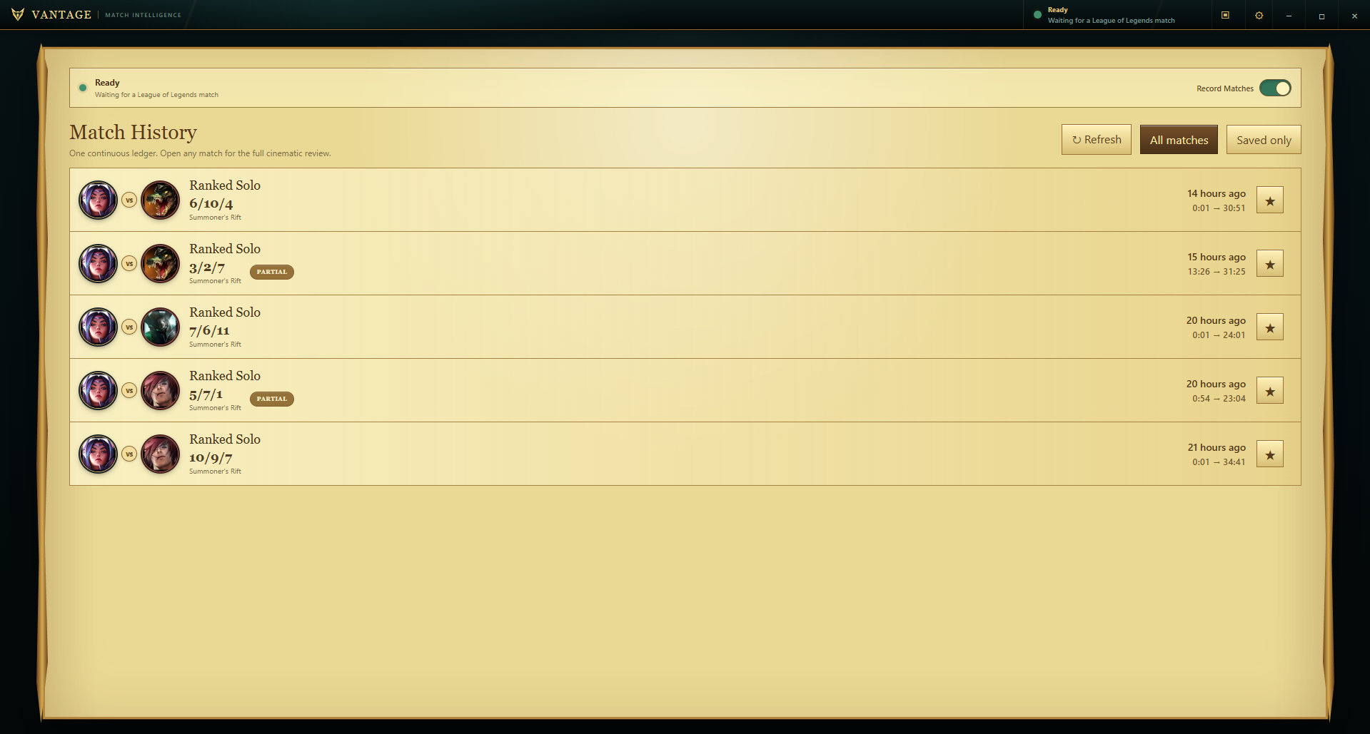 Vantage match history listing recorded ranked matches with champion matchups, scores, durations, and saved-match controls